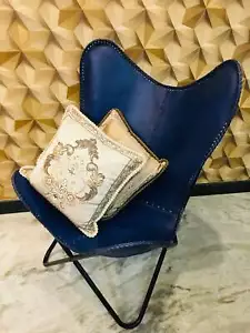Mano Vintage Azul Buffalo Cuero Mariposa Brazo Silla Plegable Traviesa Asiento - Imagen 1 de 7