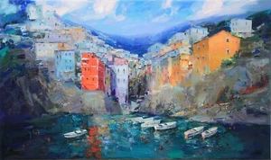 Riomaggiore, Cinque terre painting Original art Oil on canvas by S Chernyakovsky - Picture 1 of 17