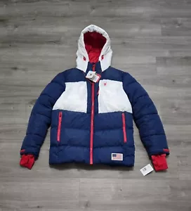 Spyder USA ski team hooded quilted puffer jacket blue white red NWT sz S $229.00 - Picture 1 of 9
