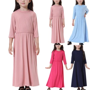 Muslim ChildGirls Abaya Modest Costume Prayer Long Loose Robe Islamic Maxi Dress - Picture 1 of 14
