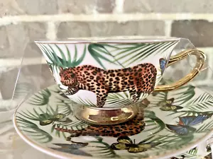 Grace Teaware Tea Cup and Saucer Leopard Butterfly Motif Painted Gold Handle NEW - Picture 1 of 7