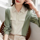 Women Elegant Colorblock Long Sleeve Business Work Button Down Shirt Blouse Tops