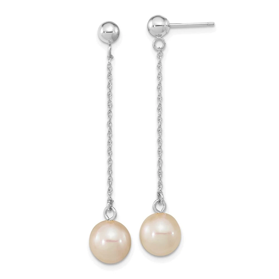 10K White Gold 7-8mm White Round Freshwater Cultured Pearl Dangle Post Earrings - Image 1 of 1