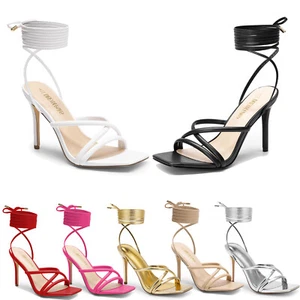 Women Square Open Toe Heels 3.93in Heel Sandals Stiletto Lace Up for Party - Picture 1 of 20