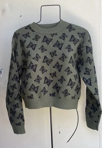 Stella Tweed Cropped Knit Sweater Olive Green W/Black Hearts Women's Sz Medium - Picture 1 of 7