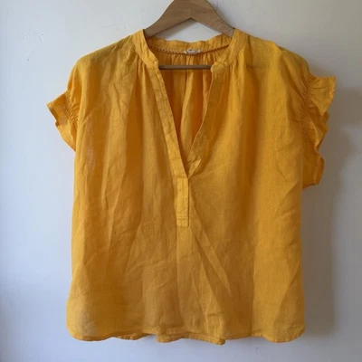 Top Anthropologie Pilcro Lino Popover Grande Amarillo Manga Corta Boho Volantes Foto 1 de 4