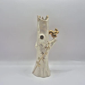 Vintage Lusterware Ceramic Bud Vase Tree Trunk Gold Squirrel Opalescent  8"  - Picture 1 of 6