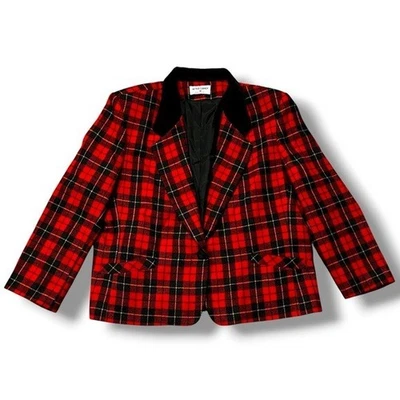Blazer Vintage Alfred Dunner Cuadros Rojo Negro Tartán Cuello Terciopelo Mezcla Lana 18 Foto 1 de 4