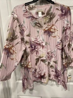 Blusa 3XL para dama - manga 3/4 - rosa floral acanalada - pedrería - Alfred Dunner nueva con etiquetas Foto 1 de 4
