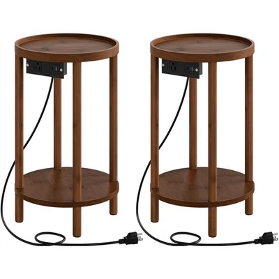 Juego de 2 Mesas Laterales Redondas Pequeñas con Estación de Carga, 2 Niveles Redondas Bambú E... Foto 1 de 4