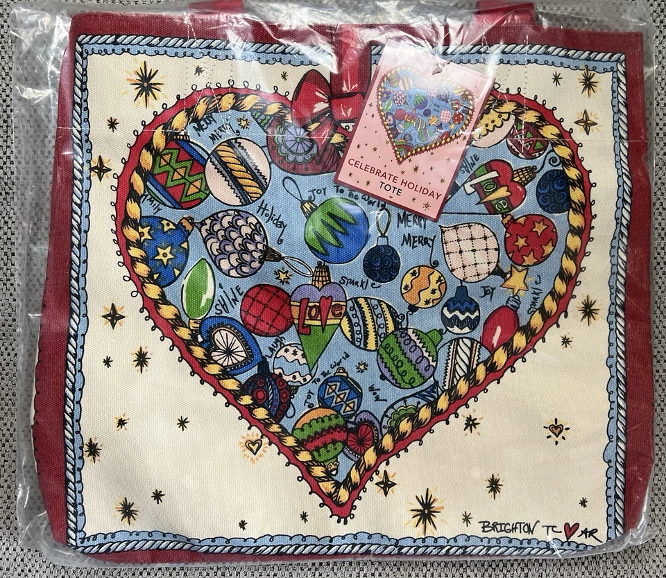 Brighton Celebrate Holiday Christmas Tote Bag Heart & Ornaments Print