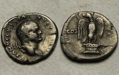 Moneda de plata romana antigua genuina rara denario Vespasiano 75AD águila en cippus Foto 1 de 4