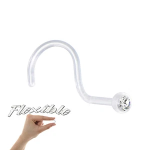 Flexible Nose Piercing Screw w/ Clear CZ Gem - Bioflex Retainer 18ga-1/4"(6 mm) - Picture 1 of 1