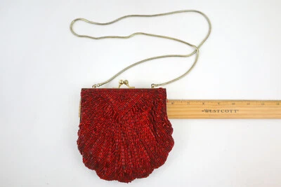 Vtg 60’s Red Micro Bead Scallop Clamshell Purse Kiss Clasp Goldtone Hardware - Image 1 of 4