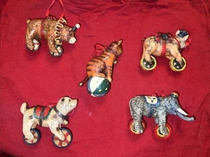 Christmas Ornaments Animals On Wheels Folk Art Primitive Cat Dog Circus Set of 5 - Picture 1 of 13