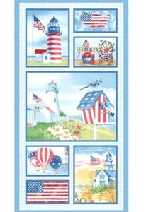 Blank Quilting - Patriotic Lighthouse Quilting Fabric Panel With American Flag - Picture 1 of 3
