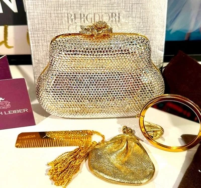 Stunning Judith Leiber Swarovski Crystal Rose Vintage Clutch Bag Floral Gold - Image 1 of 4