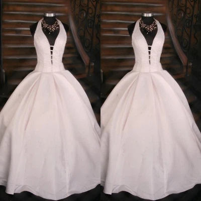 Vintage Wedding Dresses Halter Neck Beading White Ivory Satin Bridal Gowns - Image 1 of 4