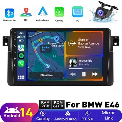 For BMW 3 E46 1998-2006 Carplay GPS Navi Android 14 Car Stereo Radio with Camera - Image 1 of 4