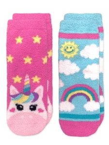 Girl's Unicorn and Colorful Rainbow Fuzzy Slipper Socks 2 Pack Multi Medium - Picture 1 of 7