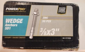 PowerPro- 3/8X3" Wedge Anchors SD1- H# H371930- Box of 50 - Zinc - For Concrete - Picture 1 of 6