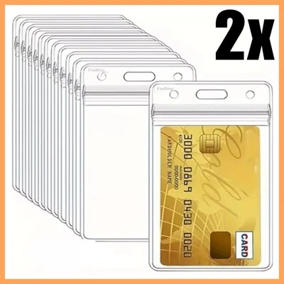 FUSHING 2x Clear ID Card Badge Pass Holder Pocket Vertical Plastic Wallet for ID Lanyard