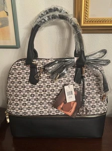 New IMAN Global Chic Logo Print Dome Satchel with Cosmetic Case & Black Logo NWT - Picture 1 of 15