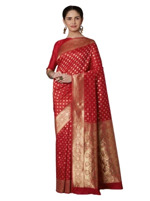 Red Kanjeevaram Silk Blend Saree with Woven Design Border - Image 1 of 4