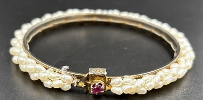 Vintage Genuine Ruby Bangle Bracelet Estate Jewelry Wrapped Genuine Rice Pearls - Image 1 of 4
