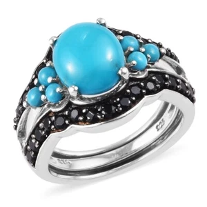 4.30ctw Sleeping Beauty Turquoise & Black Spinel Platinum Plated Ring Size 9 - Picture 1 of 1