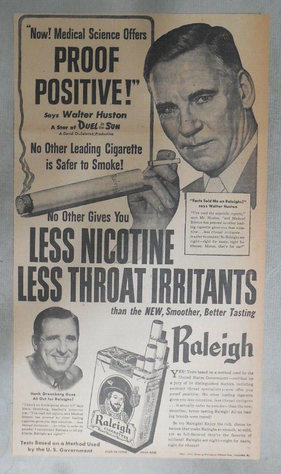 Anuncio de cigarrillos Raleigh: actor Walter Huston de 1946 tamaño: 8 x 14 pulgadas Foto 1 de 1