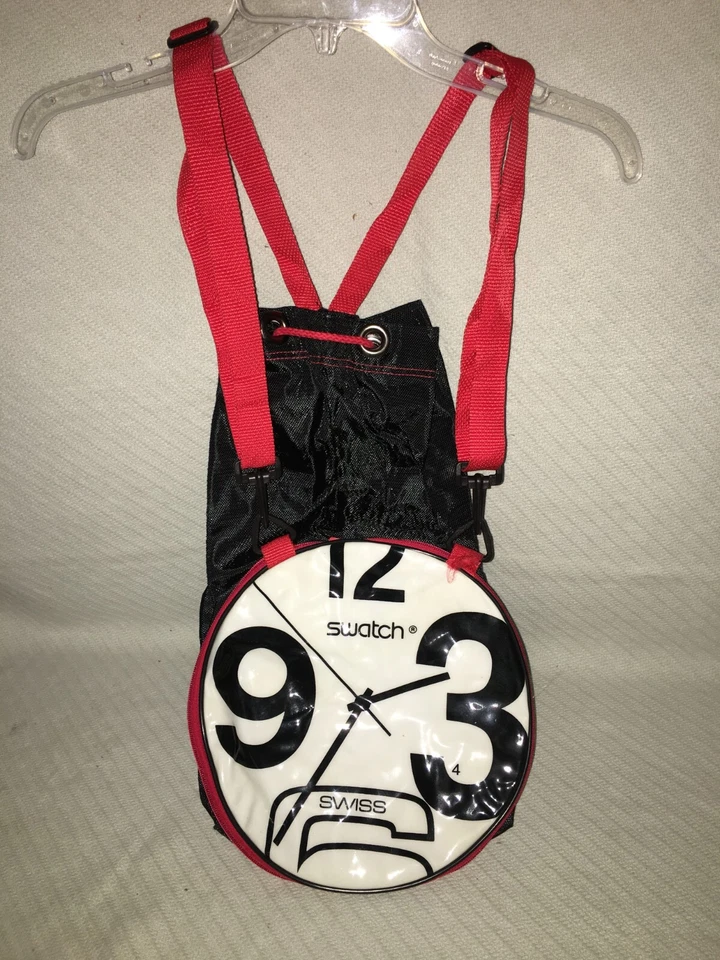 Mochila Bolso de Lona Vintage Swatch Swiss Watch Face 18"X10" NEGRO ROJO BLANCO HECHA EN EE. UU. Foto 1 de 4
