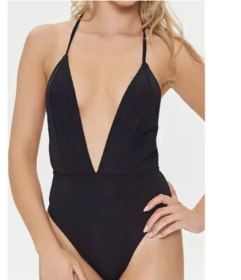 NUEVO Forever 21 Negro Cuello en V Halter Una Pieza Natación XL Sexy Foto 1 de 4