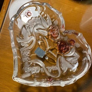 Vintage Heart Shape MIKASA Crystal Trinket Candy Dish Bells Roses Frosted Doves - Picture 1 of 4