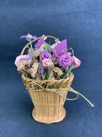 Miniature Basket of Purple Artificial Flowers Vintage Wicker Basket Ribbon 6.5in Cover