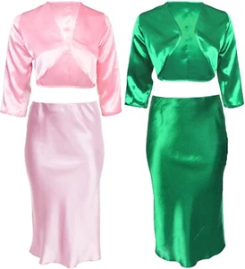Dressy Satin Matching Skirt With Bolero Tailored 2 Piece Suit Bridesmaid Party - Picture 1 of 13