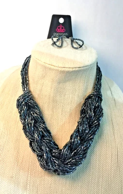 Chunky Thick Dark Blue Beaded Seed Choker 16" Necklace & Earrings Silver Tone! Foto 1 de 4