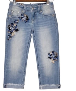 Miss Me Girls Capris Blue Floral Size 14 Embroidered NWT  Denim Jeans - Picture 1 of 14