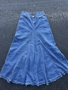 Drama Gold 7/8 W 32” L 40” Denim Swing Skirt Stretchy Very Boho Raw Hem Hippie - Picture 1 of 8