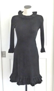 Abito Mollie Parnis Boutique vintage anni 60 70 nero maglia colletto arricciato ~ polsino ~ orlo S XS - Foto 1 di 14