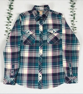 Duluth Trading Co Shirt Women’s L Blue Purple Flannel Plaid Button Front - Picture 1 of 3