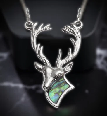 Colar de prata esterlina cabeça de veado com incrustação Paua 42 mm pingente em corrente 18" - Imagem 1 de 4