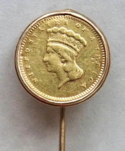 ANTIKE 22K GOLD USA 1 $ MÜNZE (c.1880er Jahre) AUF 14K GOLD STICK PIN - Bild 1 von 3