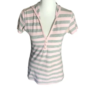 Fashion Bug Women's Size Small Hooded Top Short Sleeves Striped Pink Gray - Picture 1 of 6
