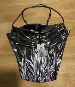 Canotta nuova con etichette Sincerely Jules Silver Bustier corsetto cinturino metallizzato crop media - Foto 1 di 7
