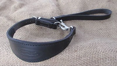 Greyhound/lurcher quick release set,thick leather, embossed with padded lining. - Image 1 of 4