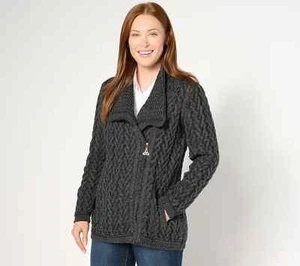Aran Craft Merino Wool Asymmetricl Zip Sweater Cardigan-Charcoal/Blck-XL-A668672 - Picture 1 of 2