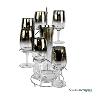 Mid-Century Cascading Silver Rim Wine Decanter Serving Glasses - Set of 8 - Picture 1 of 7