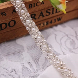 Polyester & Acrylic Lace Trim White With Beaded Accents 10mm Wide, 1 Yard - Picture 1 of 1