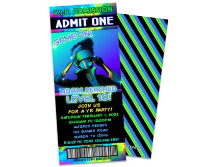Boys VR Birthday Ticket Invitations Personalized  3x7"  Video Game W/Envelopes - Image 1 of 2